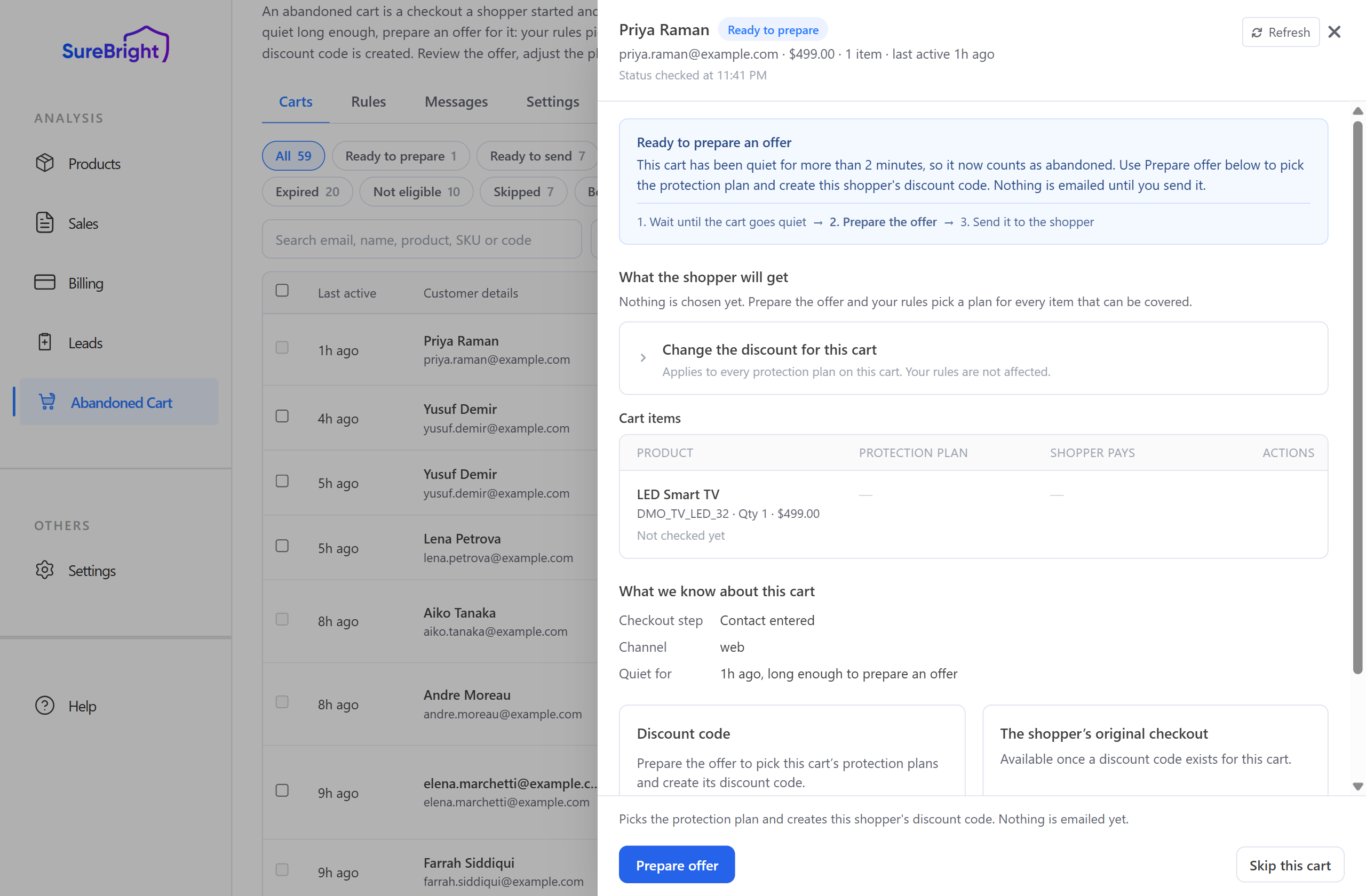 The cart panel before preparing the offer