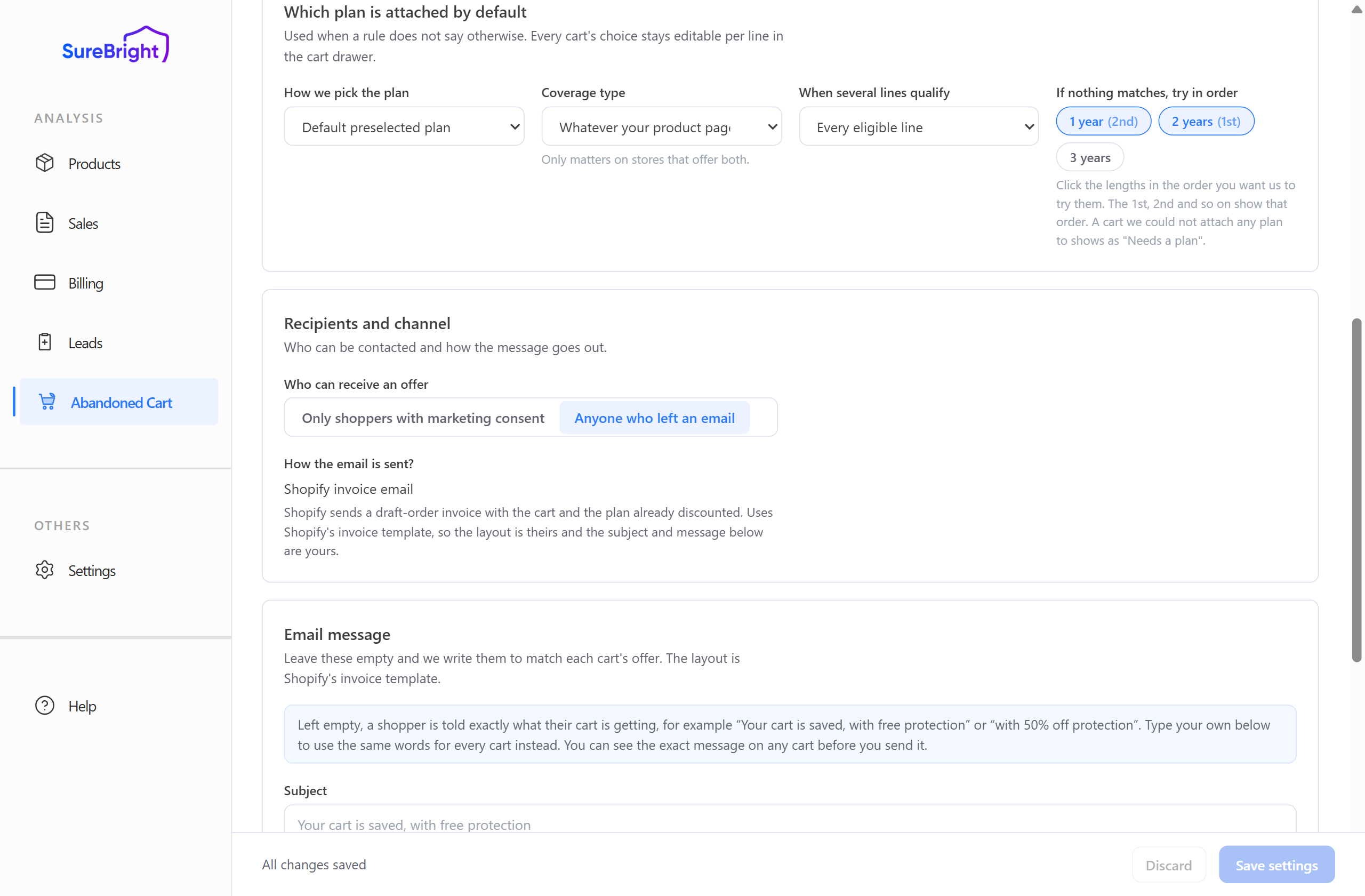 Default plan settings