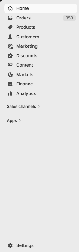 Open Settings Settings option in the bottom-left corner of the Shopify Admin sidebar