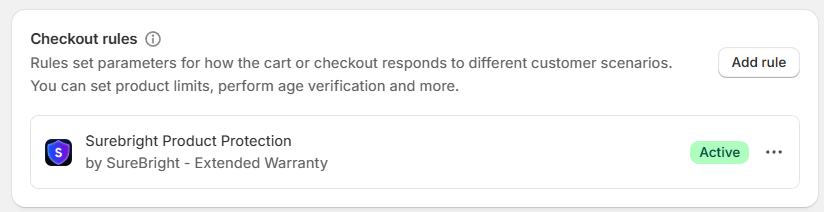Cart Validator Active Surebright Product Protection rule shown as Active under Checkout rules